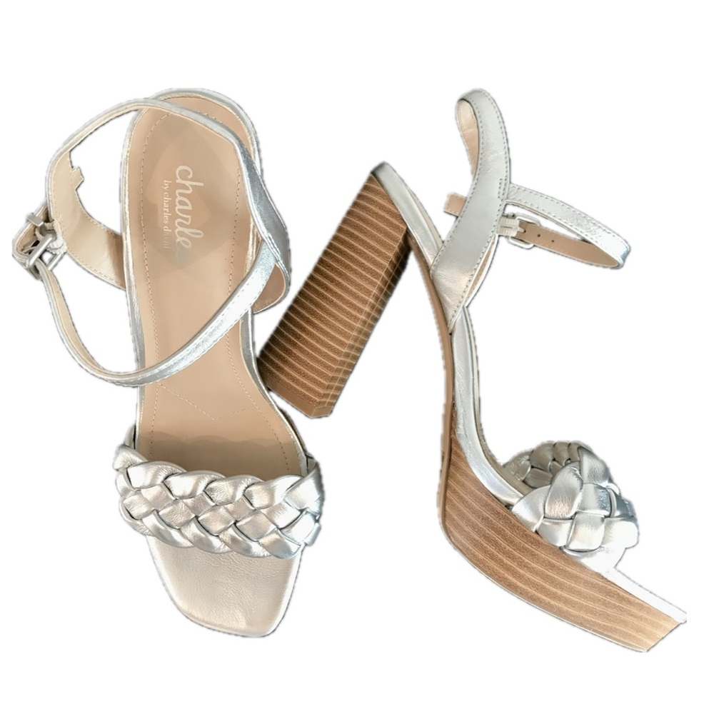Charles David Ironic Silver Braided Heels on Wood Look Platform